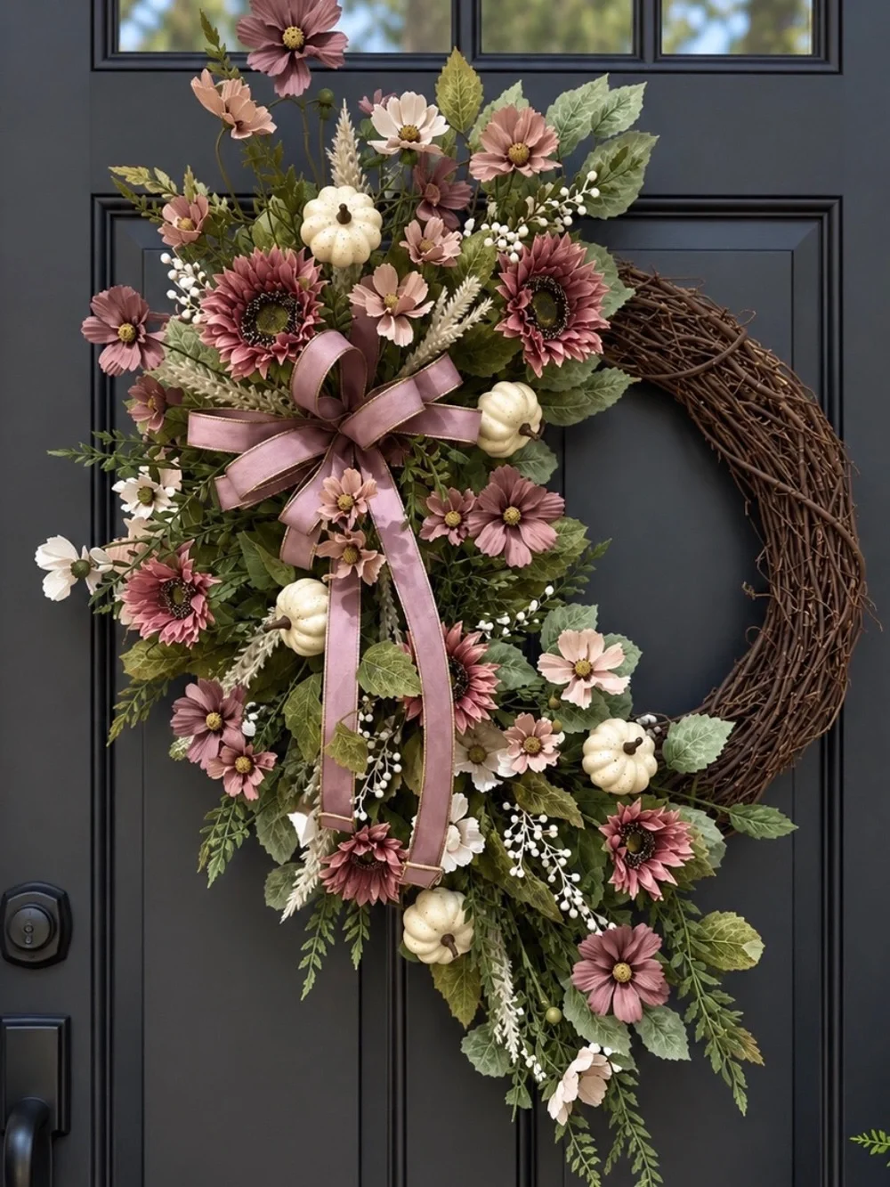 Dusty Rose Pumpkin & Floral Grapevine Wreath by